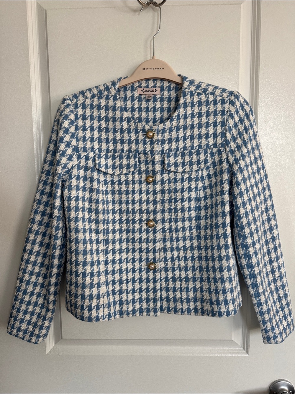 Nanette Lepore Blue Houndstooth Tweed Jacket Pearl Button Quiet Luxury
